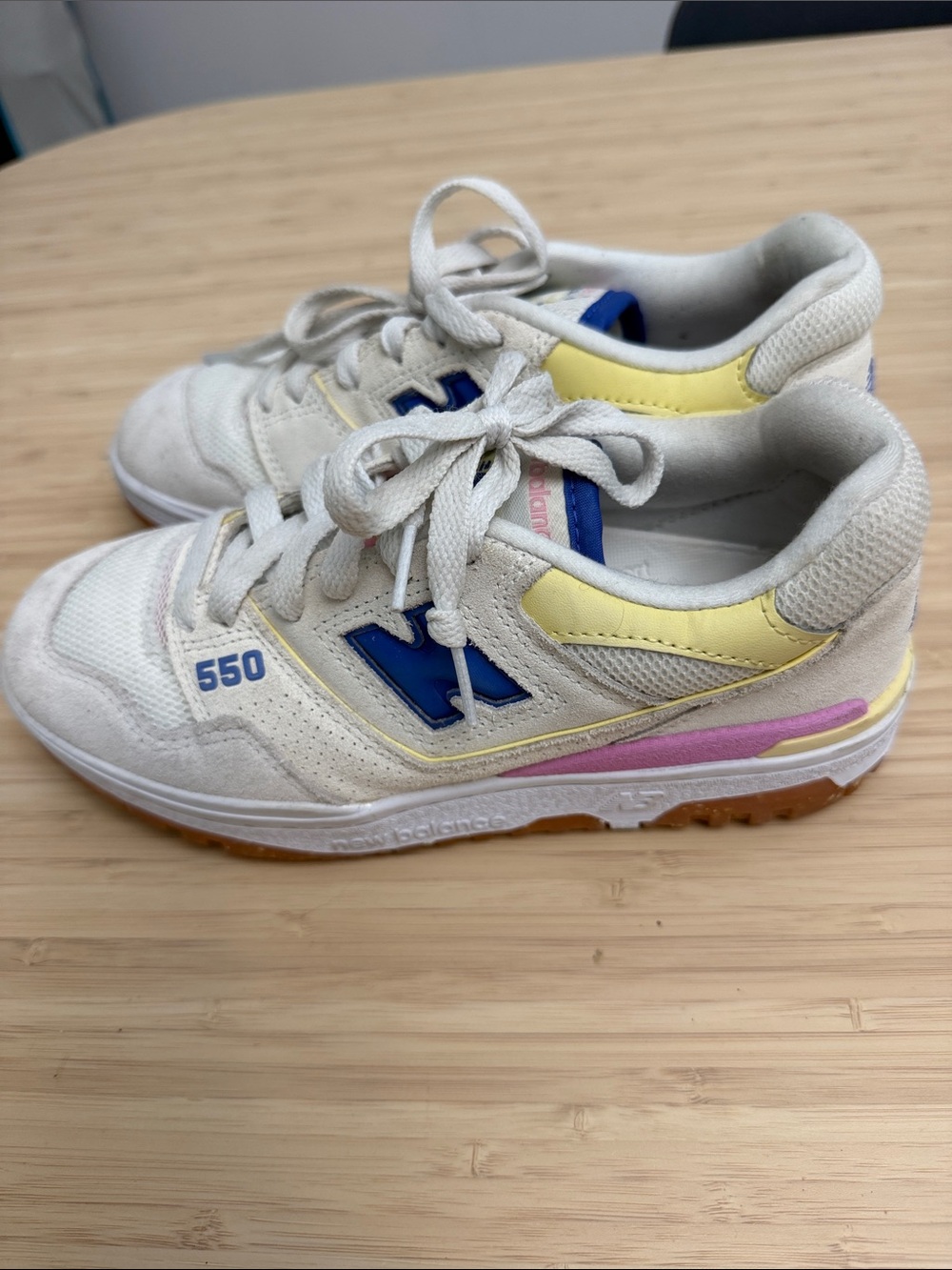 New Balance 550 White/Cream Sneakers with Blue, Yellow & Pink Accents